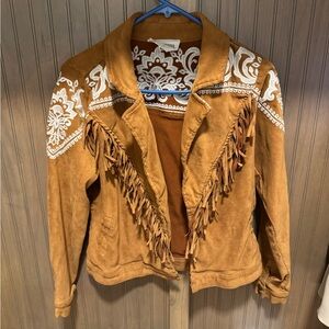 Savanna Jane Brown Faux Leather Jacket with White Embroidery